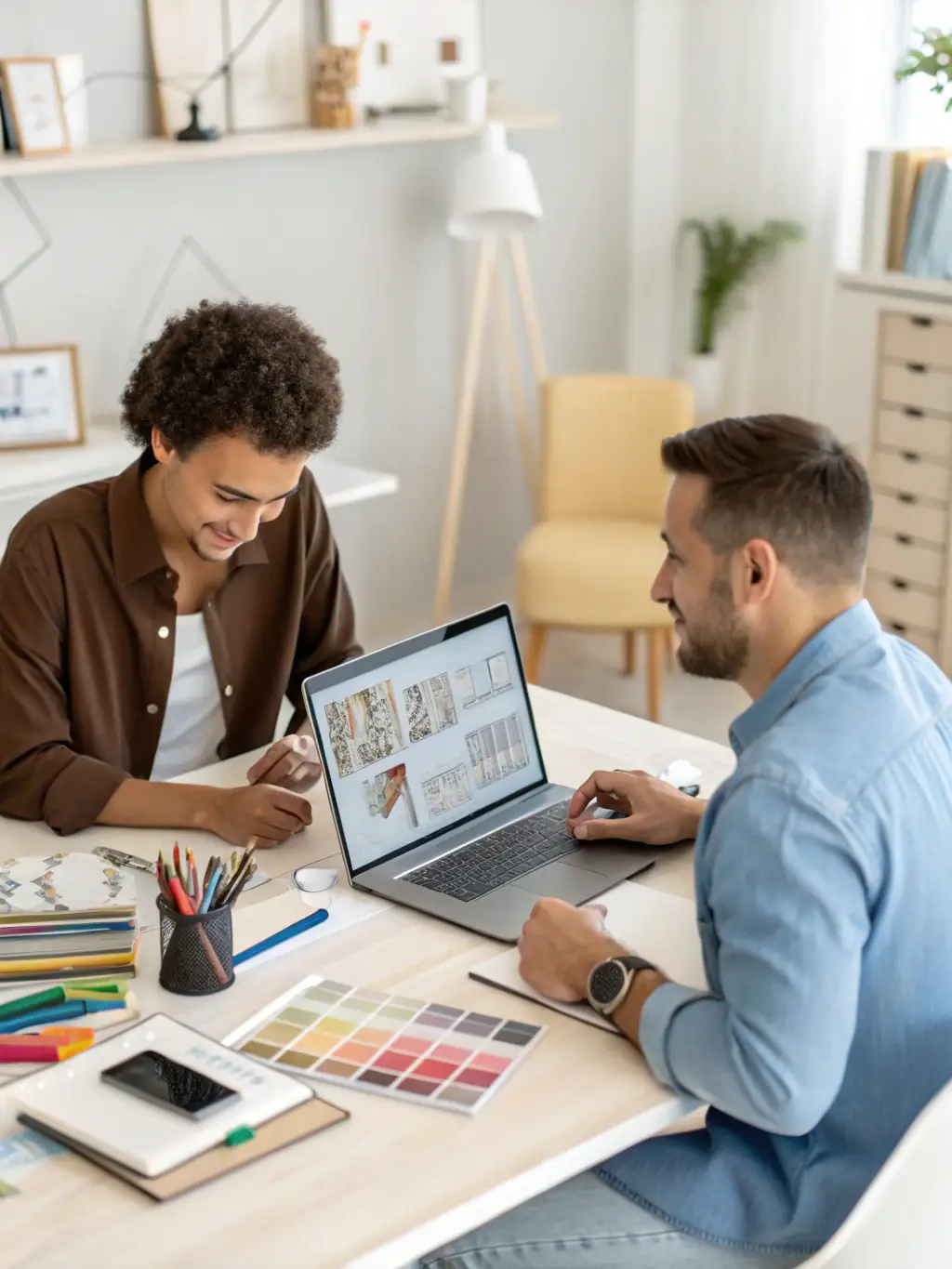 A friendly web designer in a modern office setting, smiling and taking notes during an initial consultation with a client, focusing on understanding their needs and goals for the website.