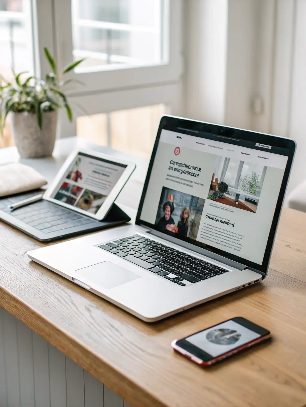 A website displayed on various devices (desktop, tablet, mobile), showcasing its responsiveness and cross-platform compatibility, with a focus on user experience.