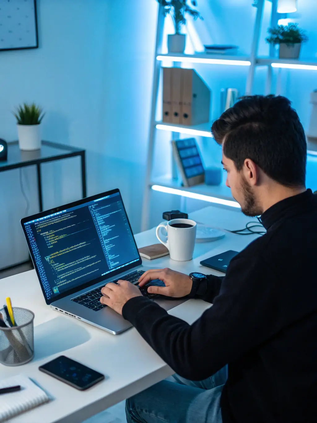A developer coding a website on a computer, with lines of code visible on the screen, ensuring the website is functional and responsive.