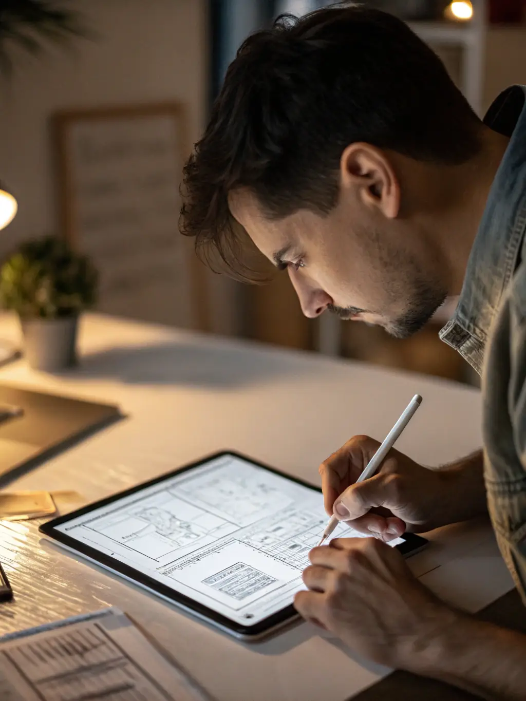 A designer creating wireframes on a tablet, sketching out the layout and user interface of a website, focusing on usability and visual appeal.
